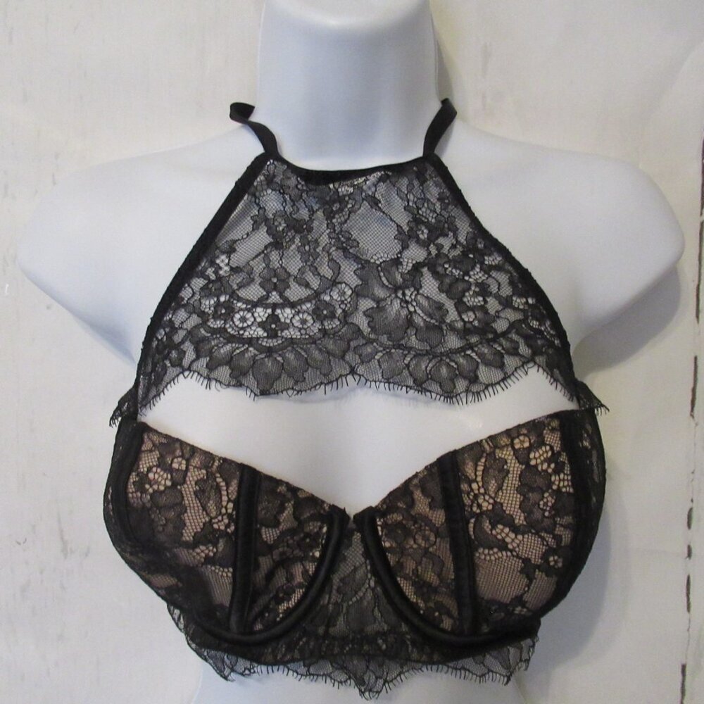 Victorias Secret‎ Bra 34DD Black Lace Very Sexy Balconette Underwire High Neck
